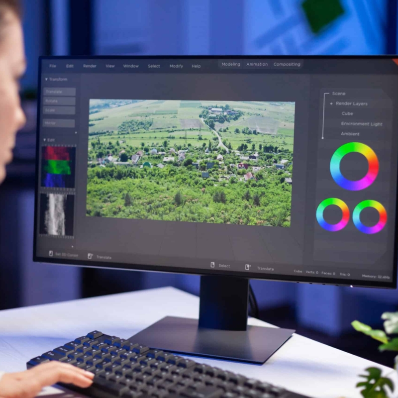 Focused editor retoucher editing color grade on professional computer sitting at desk in creative office at midnight. Freelancer video editor start up new movie project processing audio film montage.